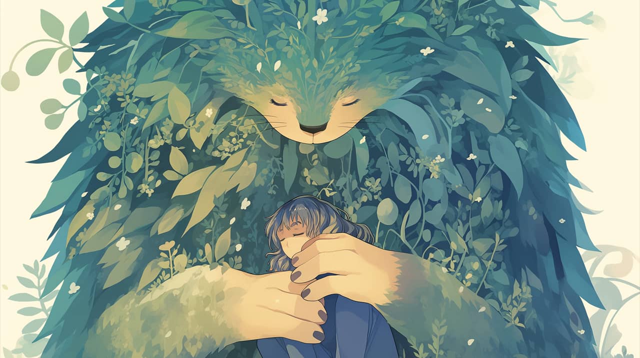 Illustration poétique représentant une jeune femme épuisée blottie dans les bras protecteurs d’une créature végétale géante, mi-ours, mi-forêt, symbolisant la nature bienveillante.